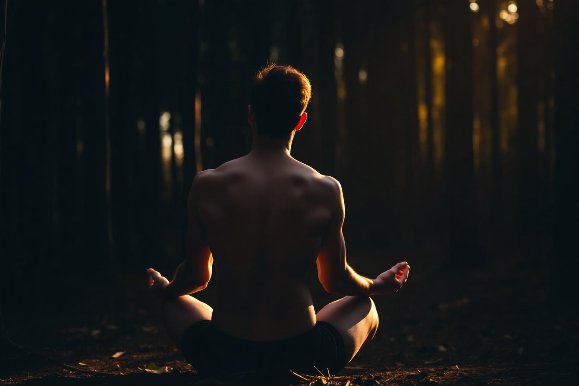 A person meditating in a dark forest, warm light on bare shoulders