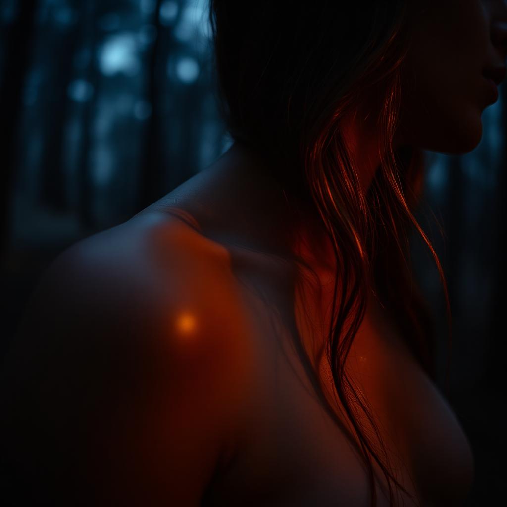 Warm light across a bare shoulder in a dark forest