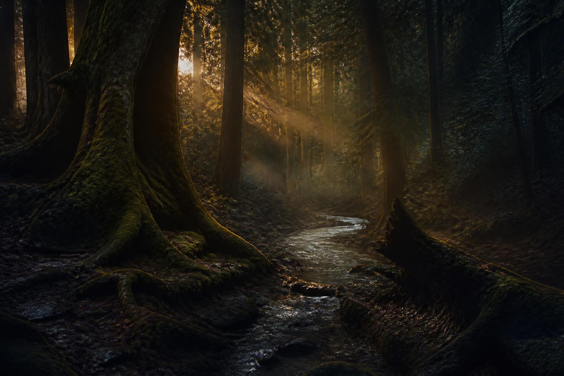 A dark forest with golden light filtering through ancient trees