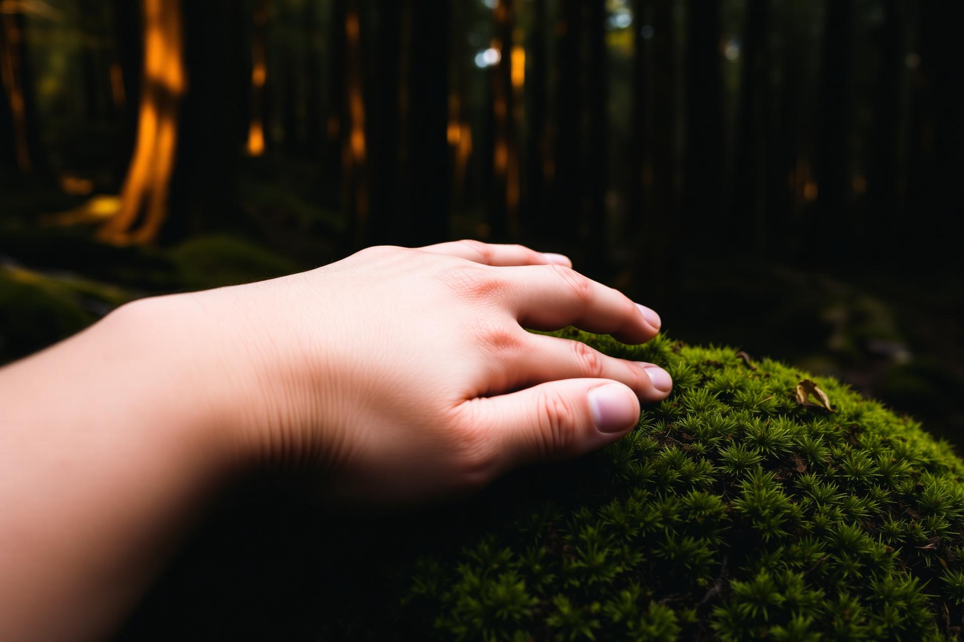 A hand resting gently on moss in an old forest