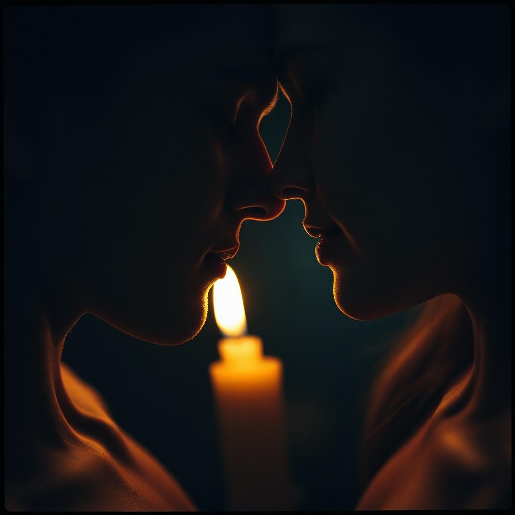Two lovers by candlelight, foreheads touching